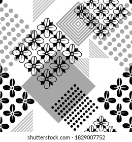 Seamless pattern with flowers rings and rhombus shapes on white background. Viburnum plant. Hand drawn vector