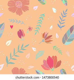 Seamless pattern flowers. Romantic cartoon floral card design. Vector pastel design elements. Floral doodles can be used for Valentine's Day, birthday,wedding,invitations, greetings, postcard, print.