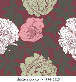 Seamless pattern with flowers of rose hips