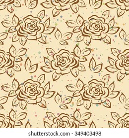 Seamless Pattern, Flowers Rose and Leaves Brown Contours Pictograms on Background with Colored Circles. Eps10, Contains Transparencies. Vector