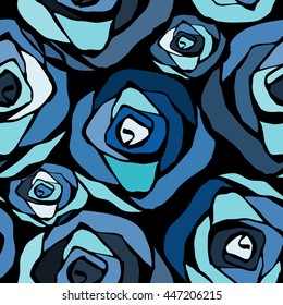 Seamless pattern with flowers roses in blue, vector floral illustration in vintage style