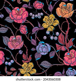 Seamless pattern flowers roses and branches, vector illustration. Textile, fabric, surface floral design