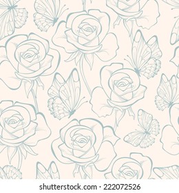 Seamless pattern with flowers roses and butterfly . Floral ornament. Hand-drawn contour lines and strokes.  Retro background.