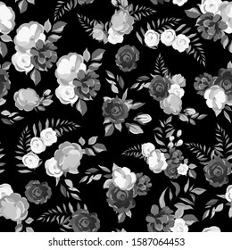 Patrón sin fisuras, flores de rosas en colores grises, ornamental para el Fondo de pantalla, papel de regalo