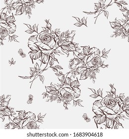 Nahtlose Muster der Blumen Rosen und Blätter. eps10 Vektorgrafik. Handzeichnung mit wilder Blüte für Mode, Stoff und alle Drucke auf weißem Hintergrund Farben. 