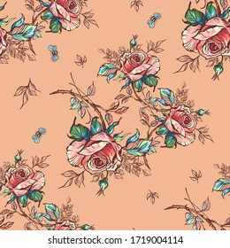 Nahtlose Muster der Blumen Rosen und Blätter. eps10 Vektorgrafik. Handgezeichnete Illustration mit wilder Blume für Mode, Stoff und alle Drucke auf 
beige Hintergrundfarben. - Vektorgrafik