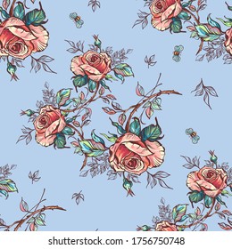 Seamless pattern of flowers roses and leaves. eps10 vector stock illustration. Hand drawing illustration with wild floral for fashion ,fabric, and all prints on 
beige background colors. - Vector