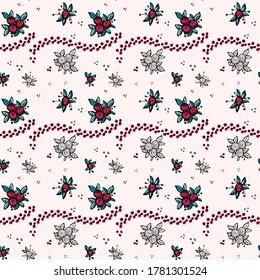 Seamless pattern from flowers of roses and leaves. Floral ornament. Design for textiles, paper, packaging, bedding. Vector illustration in doodle style. 