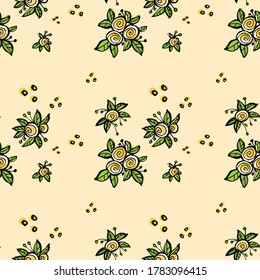 Patrón sin foco de flores de rosas y hojas. Ornamento floral. Diseño para textiles, papel, embalaje, ropa de cama. Ilustración vectorial en estilo doodle. 