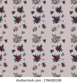 Seamless pattern from flowers of roses and leaves. Floral ornament. Design for textiles, paper, packaging, bedding. Vector illustration in doodle style. 