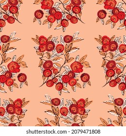 Seamless pattern from flowers of roses and leaves. Floral ornament is made in hand-drawn style. Design for textiles, paper, packaging, bedding made from colorful doodle elements. Vector illustration