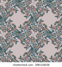 Seamless pattern from flowers of roses and leaves. Floral ornament is made in hand-drawn style. Design for textiles, paper, packaging, bedding made from colorful doodle elements. Vector illustration