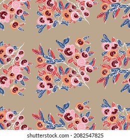 Nahtlose Muster aus Blumen von Rosen und Blättern. Blumenschmuck ist handgezeichnet. Design für Textilien, Papier, Verpackung, Bettwäsche aus bunten Doodle-Elementen. Vektorgrafik