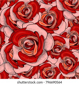 Seamless pattern from flowers roses. Linear drawing by hand.