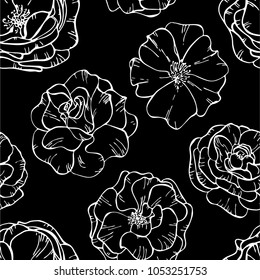 Seamless pattern of flowers of roses on black background. Floral pattern. Vector illustration. Perfect for invitation, greeting card, fashion print, banner, poster for textiles, fashion design.
