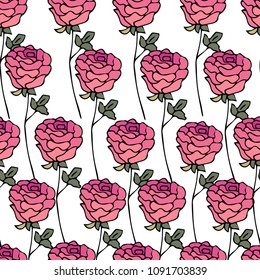 Seamless pattern with flowers roses pink, red color on a white background. Handmade. Vector. Print for fabrics, cover design

