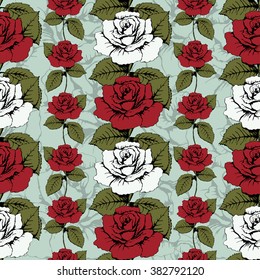 Seamless pattern of flowers roses. Red and white roses Woven, ornate. Blue background with flowery patterns. Twisted buds, leaves, stems. Wallpaper, wrapper, fabric design, decor element, decoration