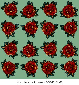 Seamless pattern of Flowers roses, red buds and green leaves. Tatoo style.Vector illustration.