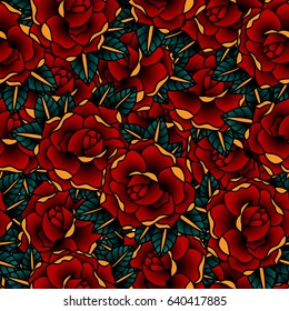 Seamless pattern of Flowers roses, red buds and green leaves. Tatoo style.Vector illustration.