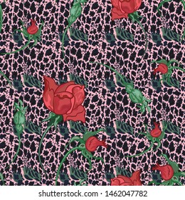 Seamless pattern of flowers of roses and spots of leopard, jaguar.