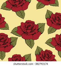 Seamless pattern of flowers roses, texture. Red buds, petals, green leaves on a yellow background. Wallpaper, paper, wrapper, packaging, cover, fabric design, textile print, decor element, decoration