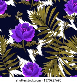 Seamless pattern with flowers of roses and tropical leaves.