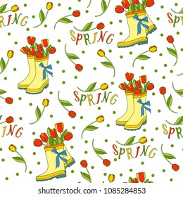 Seamless pattern with flowers, rubber boots and tape. Gardening.