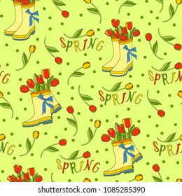 Seamless pattern with flowers, rubber boots and tape. Gardening.