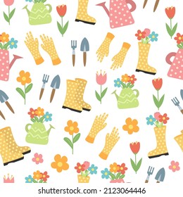 Patrón sin foco con flores, botas de goma, herramientas. Diseño de jardinería en blanco