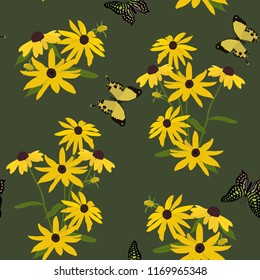 Seamless pattern with flowers of rudbeckia and butterflies on a dark background. For decoration of textiles, packaging, cover, wallpaper.
