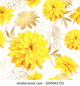 Seamless pattern with flowers of Rudbeckia Laciniata, also called Golden Ball on a white background with sequins. Hand drawn sketch. Template for floral textile design, paper, wallpaper, web. 