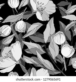 seamless pattern, flowers of sakura in gray colors