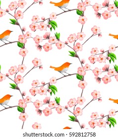 Seamless pattern with flowers of Sakura and Japanese Robin bird on a white background.