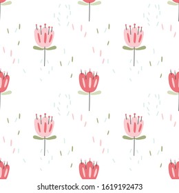 Seamless pattern with flowers in Scandinavian style on a white background. Wallpaper, print, wrapping paper, modern textile design, banner, poster. Vector illustration.