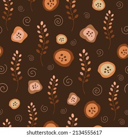 Flores y algas en un fondo marrón sin inconfundible. Fondo digital con elementos dibujados a mano vectorial. Patrón sin fisuras para tela infantil, textil y papel de libro de recortes.