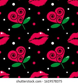 seamless pattern with flowers in the shape of hearts and imprint of a kiss on a black background. Pattern for fabric, textile, wrapping paper, wallpaper, background for a wedding, invitation card 