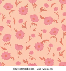 O padrão sem costura com flores, flor de silhueta, têxtil, rosa laranja, monotônico, tecido, têxtil