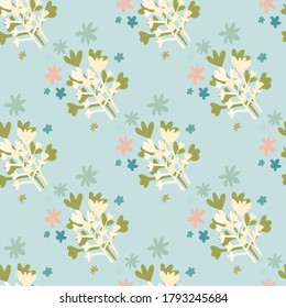 Seamless pattern with flowers silhouettes. Blue background with green and white botanic elements. Vector illustration for textiles, wallpaper, surface design, card, wedding invitations.