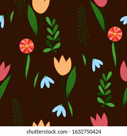 seamless pattern with flowers in simple style, vector illustration, for design of cards, cards and invitations, wallpaper ornament, wrap paper, scrapbooking