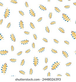 Seamless pattern with flowers. Simple vector flowers. Leaves, branches. Pattern with ornamental grasses. Flat style. Fabric design, textiles, print.