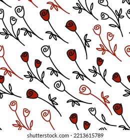 Seamless Pattern, flowers. Simple white and red roses on a white background. Simple doodle illustration. Digital paper for packaging and fabrics.