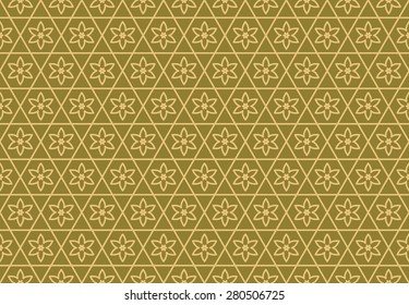 Seamless Pattern of Flowers of Six Petals in Hexagonal Grids. Gold Color.