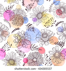 Seamless pattern from flowers sketch and watercolor dots on white background. Watercolor spots with hand drawn flower outlines in pastel colors.