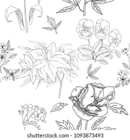  Seamless Pattern with Flowers Sketches. Hand drawn botanical elements. Apple tree,  lilies,  peony and pansy. Vector Illustration