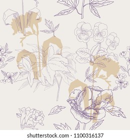  Seamless Pattern with Flowers Sketches. Hand drawn botanical elements. Apple tree,  lilies,  peony and pansy. Vector Illustration