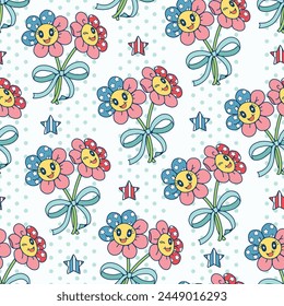 Seamless pattern of flowers with smiling faces and tie a blue bow. This illustration has an American Independence Day theme. Pattern for fabric and wrapping paper, design wallpaper and fashion prints.