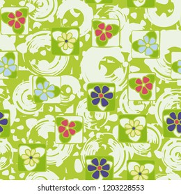 Seamless pattern. Flowers, spots and circles.