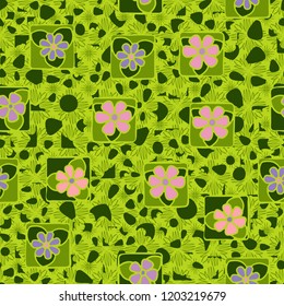 Seamless pattern. Flowers, spots and decorative elements.