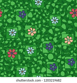 Seamless pattern. Flowers, spots and decorative elements.