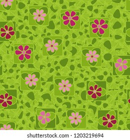 Seamless pattern. Flowers, spots and decorative elements.